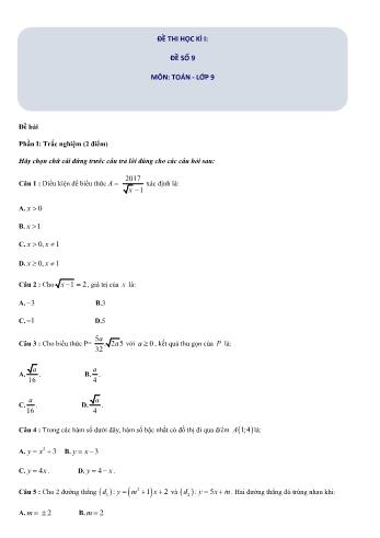 Đề thi học kì I môn Toán Lớp 9 - Đề số 9 (Có đáp án)