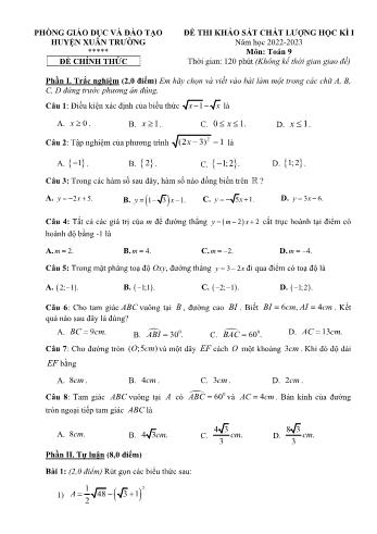 Đề thi khảo sát chất lượng học kì I môn Toán Lớp 9 - Năm học 2022-2023 - Phòng GD&ĐT Xuân Trường (Có đáp án)
