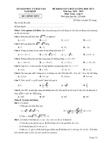 Đề thi khảo sát chất lượng học kỳ I môn Toán Lớp 9 - Năm học 2022-2023 - Sở GD&ĐT Nam Định