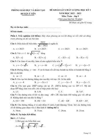 Đề thi khảo sát chất lượng học kỳ I môn Toán Lớp 9 - Năm học 2022-2023 - Phòng GD&ĐT Ý Yên (Có đáp án)