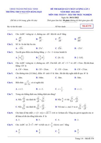 Đề thi khảo sát chất lượng lần 1 môn Toán Lớp 9 - Năm học 2022-2023 - Trường THCS Nguyễn Đăng Đạo