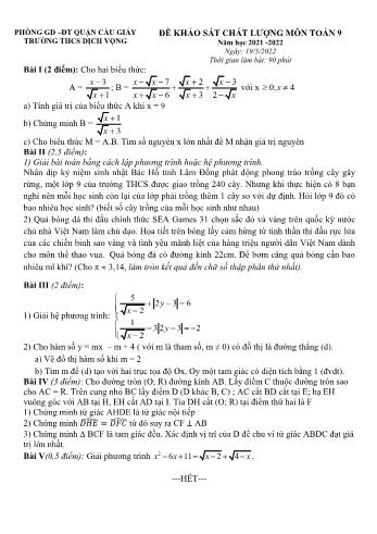 Đề thi khảo sát chất lượng môn Toán Lớp 9 - Năm học 2021-2022 - Trường THCS Dịch Vọng (Có đáp án)