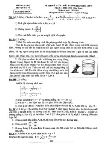 Đề thi khảo sát chất lượng môn Toán Lớp 9 - Năm học 2021-2022 - Phòng GD&ĐT Ba Vì