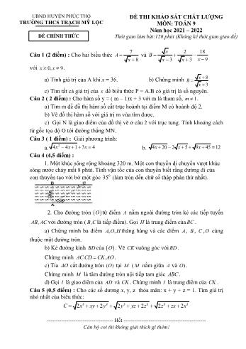 Đề thi khảo sát chất lượng môn Toán Lớp 9 - Năm học 2021-2022 - Trường THCS Trạch Mỹ Lộc (Có đáp án)