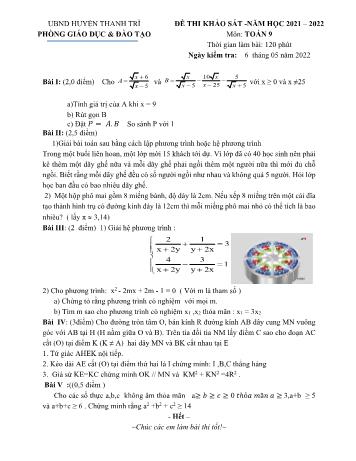 Đề thi khảo sát môn Toán Lớp 9 - Năm học 2021-2022 - Phòng GD&ĐT huyện Thanh Trì (Có đáp án)