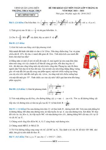 Đề thi khảo sát tháng 1 môn Toán Lớp 9 - Năm học 2021-2022 - Trường THCS Ngọc Thụy