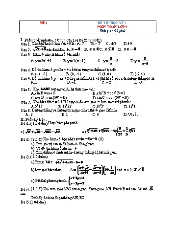 Tuyển tập 10 đề thi học kỳ 1 môn Toán Lớp 9 - Đề 2 (Có đáp án)