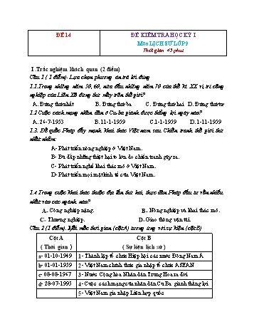 Tuyển tập 15 đề kiểm tra học kỳ I môn Lịch sử Lớp 9 - Đề 14 (Có đáp án)