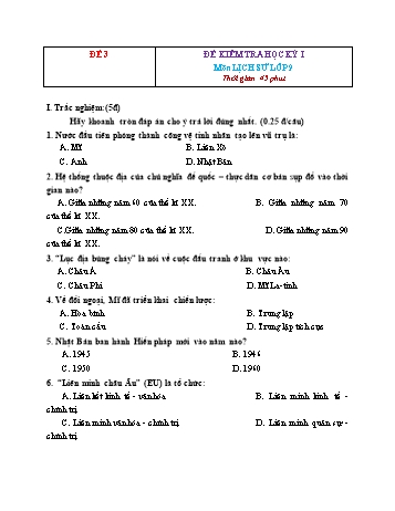 Tuyển tập 15 đề kiểm tra học kỳ I môn Lịch sử Lớp 9 - Đề 3 (Có đáp án)