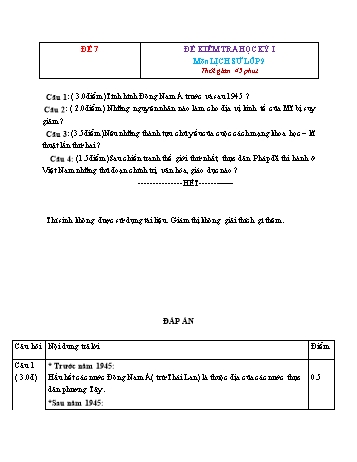 Tuyển tập 15 đề kiểm tra học kỳ I môn Lịch sử Lớp 9 - Đề 7 (Có đáp án)