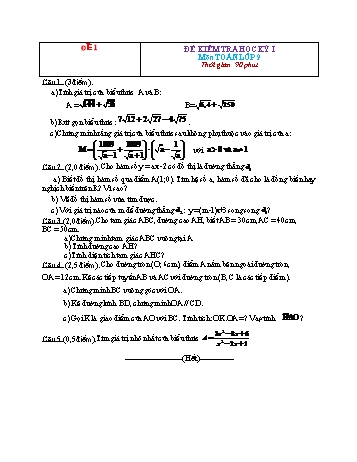 Tuyển tập 29 đề kiểm tra học kỳ I môn Toán Lớp 9 - Đề 1 (Có đáp án)