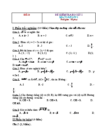 Tuyển tập 29 đề kiểm tra học kỳ I môn Toán Lớp 9 - Đề 24 (Có đáp án)