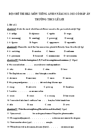 Bộ 5 đề thi học kì 1 môn Tiếng Anh Lớp 9 - Năm học 2021-2022 - Trường THCS Lê Lợi (Có đáp án)