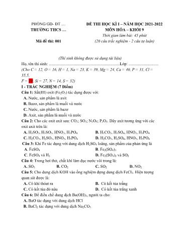 Bộ 6 đề thi học kì I môn Hóa học Lớp 9 - Năm học 2021-2022 (Có đáp án)