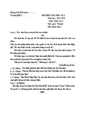 Đề kiểm tra học kì I môn Ngữ văn Lớp 9 - Năm học 2022-2023 (Có đáp án)