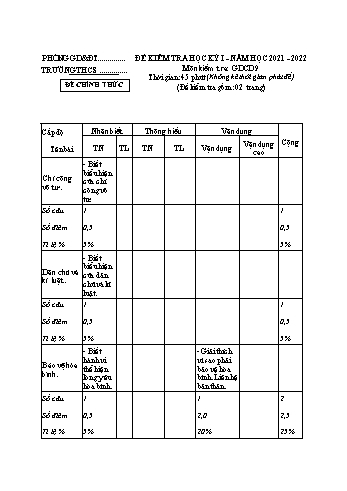 Đề kiểm tra học kỳ I môn Giáo dục công dân Lớp 9 - Năm học 2021-2022 - Đề 1 (Có đáp án)