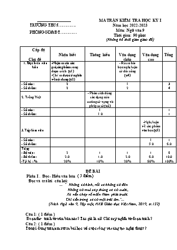 Đề kiểm tra học kỳ I môn Ngữ văn Lớp 9 - Năm học 2022-2023 - Đề 1 (Có đáp án)