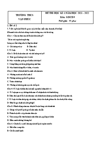 Đề thi học kì 1 môn Giáo dục công dân Lớp 9 - Năm học 2021-2022 - Trường THCS Vạn Phúc (Có đáp án)