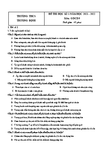 Đề thi học kì 1 môn Giáo dục công dân Lớp 9 - Năm học 2022-2023 - Trường THCS Trương Định (Có đáp án)