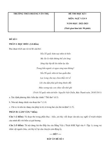 Đề thi học kì 1 môn Ngữ văn Lớp 9 - Năm học 2022-2023 - Trường THCS Hoàng Văn Thụ (Có đáp án)