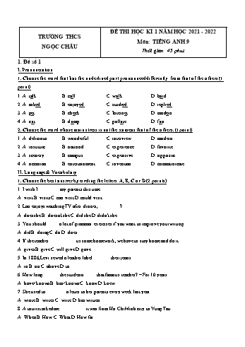 Đề thi học kì 1 môn Tiếng Anh Lớp 9 - Năm học 2021-2022 - Trường THCS Ngọc Châu (Có đáp án)