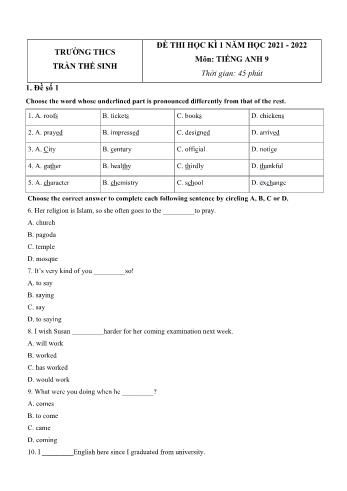 Đề thi học kì 1 môn Tiếng Anh Lớp 9 - Năm học 2021-2022 - Trường THCS Trần Thế Sinh (Có đáp án)