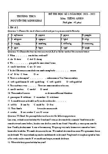 Đề thi học kì 1 môn Tiếng Anh Lớp 9 - Năm học 2021-2022 - Trường THCS Nguyễn Thị Minh Khai (Có đáp án)