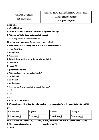 Đề thi học kì 1 môn Tiếng Anh Lớp 9 - Năm học 2021-2022 - Trường THCS Hà Huy Tập (Có đáp án)
