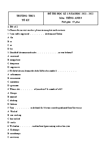 Đề thi học kì 1 môn Tiếng Anh Lớp 9 - Năm học 2021-2022 - Trường THCS Tô Ký (Có đáp án)