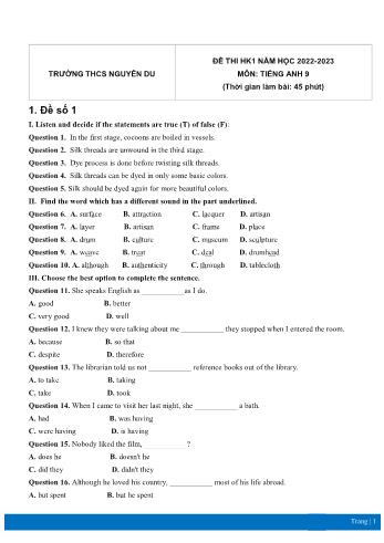 Đề thi học kì 1 môn Tiếng Anh Lớp 9 - Năm học 2022-2023 - Trường THCS Nguyễn Du (Có đáp án)