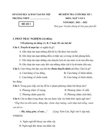 Tuyển tập 10 đề kiểm tra cuối học kì 1 môn Ngữ văn Lớp 9 - Năm học 2021-2022 - Sở GD&ĐT Hà Nội (Có đáp án)