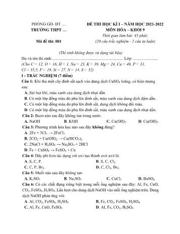 Tuyển tập 10 đề thi học kì I môn Hóa học Lớp 9 - Năm học 2021-2022