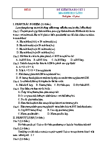 Tuyển tập 22 đề kiểm tra học kỳ I môn Sinh học Lớp 9 - Đề 22 (Có đáp án)