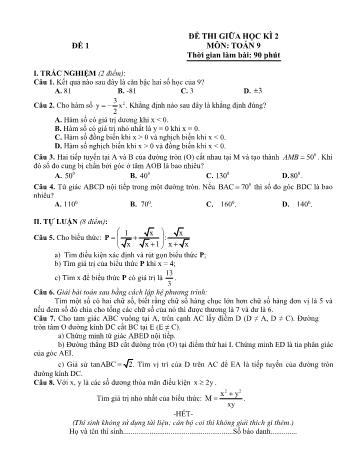 Bộ 10 đề thi giữa học kì 2 môn Toán học Lớp 9