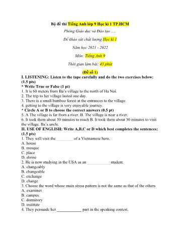 Đề khảo sát chất lượng học kì 1 môn Tiếng Anh Lớp 9 - Năm học 2021-2022 (Có đáp án)
