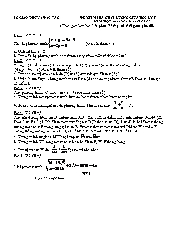 Đề kiểm tra chất lượng giữa học kỳ II môn Toán học Lớp 9 - Năm học 2022-2023