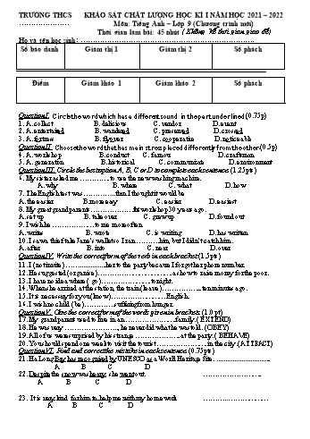 Đề kiểm tra chất lượng học kì I môn Tiếng Anh Lớp 9 - Năm học 2021-2022 (Có đáp án)