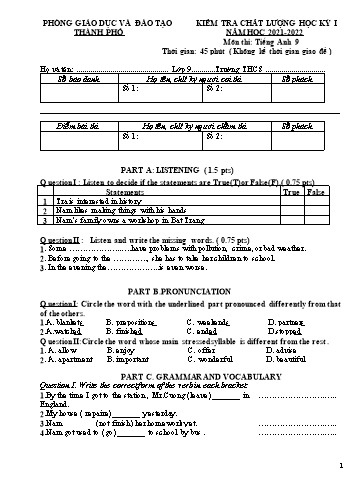 Đề kiểm tra chất lượng học kỳ I môn Tiếng Anh Lớp 9 - Năm học 2021-2022