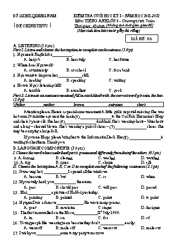 Đề kiểm tra cuối học kỳ I môn Tiếng Anh Lớp 9 - Năm học 2021-2022 - Sở GD&ĐT Quảng Nam (Có đáp án)