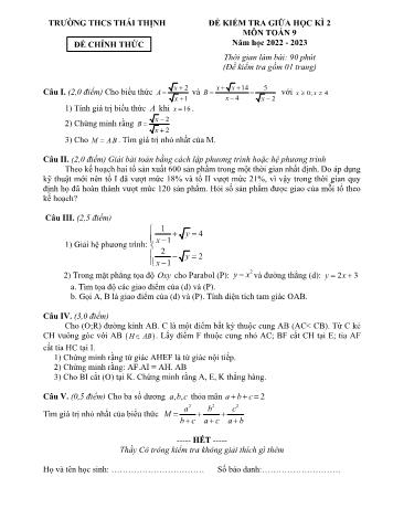 Đề kiểm tra giữa học kì 2 môn Toán học Lớp 9 - Năm học 2022-2023 - Trường THCS Thái Thịnh (Có đáp án)