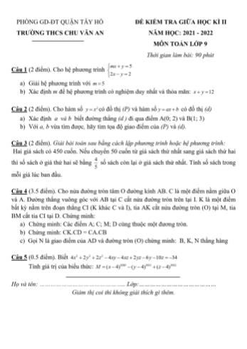 Đề kiểm tra giữa học kì II môn Toán học Lớp 9 - Năm học 2021-2022 - Trường THCS Chu Văn An