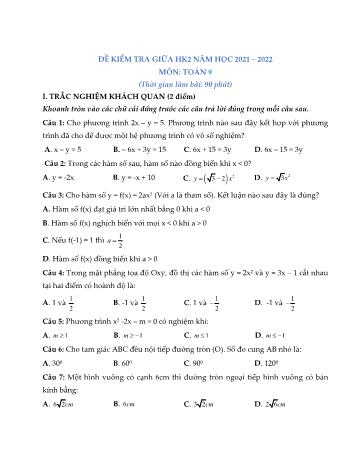 Đề kiểm tra giữa học kì II môn Toán học Lớp 9 - Năm học 2021-2022 (Có đáp án)