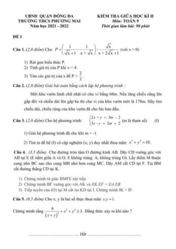 Đề kiểm tra giữa học kì II môn Toán học Lớp 9 - Năm học 2021-2022 - Trường THCS Phương Mai