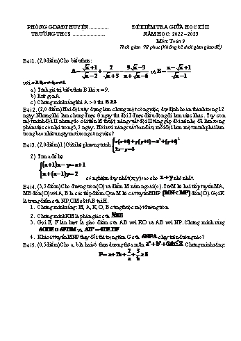 Đề kiểm tra giữa học kì II môn Toán học Lớp 9 - Năm học 2022-2023