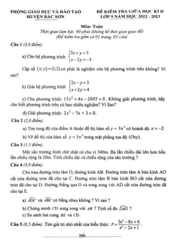 Đề kiểm tra giữa học kì II môn Toán học Lớp 9 - Năm học 2022-2023 - Phòng GD&ĐT Bắc Sơn