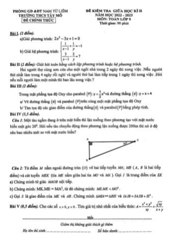 Đề kiểm tra giữa học kì II môn Toán học Lớp 9 - Năm học 2022-2023 - Trường THCS Tây Mỗ
