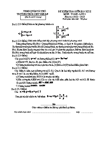 Đề kiểm tra giữa học kì II môn Toán học Lớp 9 - Năm học 2022-2023 - Trường THCS Chu Văn An (Có đáp án)