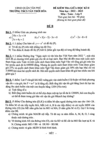 Đề kiểm tra giữa học kì II môn Toán học Lớp 9 - Năm học 2022-2023 - Trường THCS Tân Thới Hòa