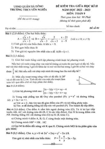 Đề kiểm tra giữa học kì II môn Toán học Lớp 9 - Năm học 2022-2023 - Trường THCS Yên Nghĩa