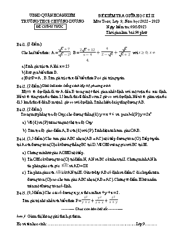 Đề kiểm tra giữa học kì II môn Toán học Lớp 9 - Năm học 2022-2023 - Trường THCS Chương Dương (Có đáp án)